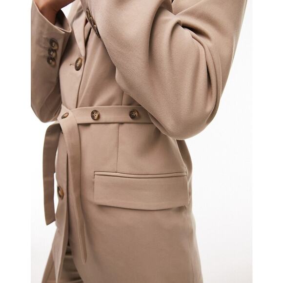 Topshop Belted Tunic Blazer Suit Jacket Tan Office Business Career Size 4 NEW - Picture 4 of 12